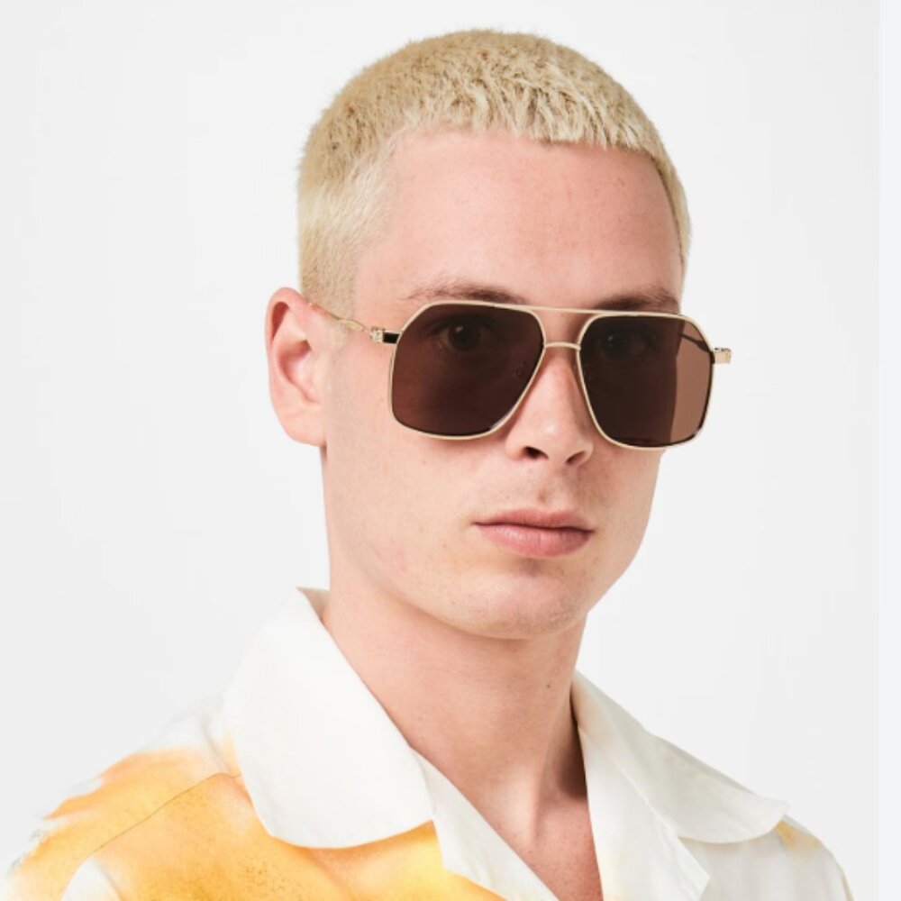 NEW AM0372S 002 ALEXANDER MCQUEEN GOLD PILOT UNISEX SUNGLASSES